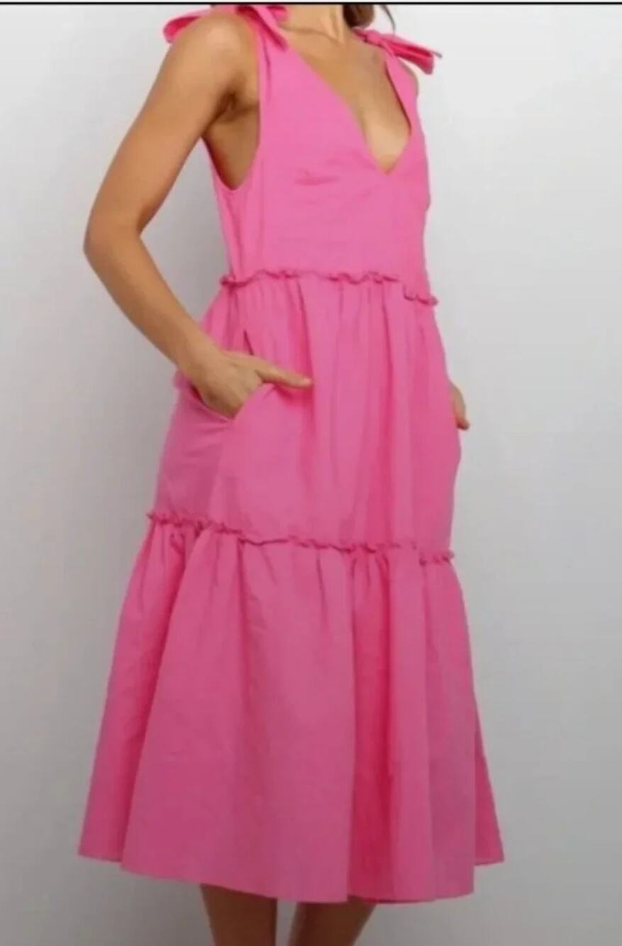 Petal + Pup Erenda Linen Blend Tie-Shoulder Tiered Midi Dress Hot Pink 2